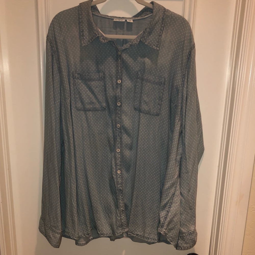 Polka dot chambray button down